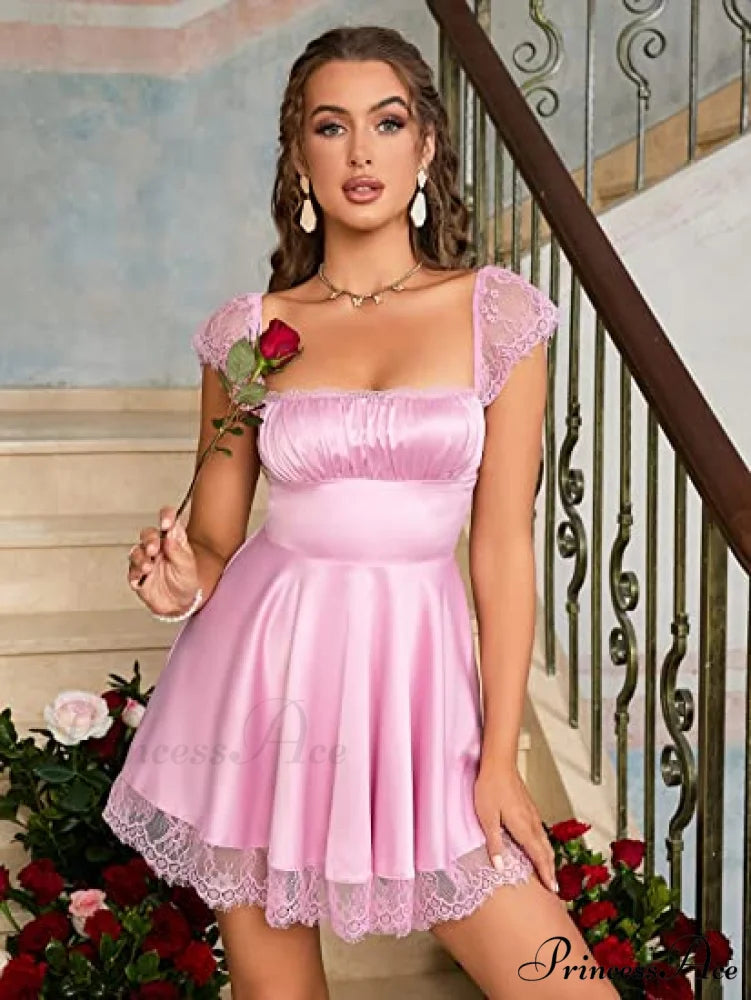 Square Neck Flowy Ruched Bust Dress with Lace S / Black