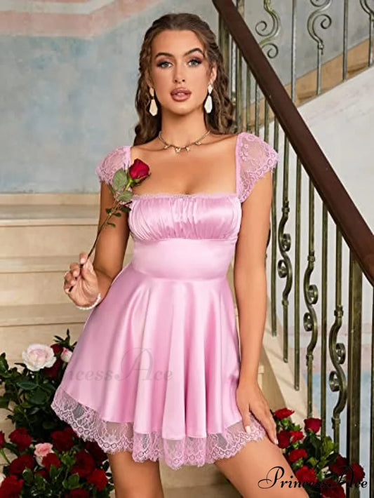 Square Neck Flowy Ruched Bust Dress with Lace S / Black