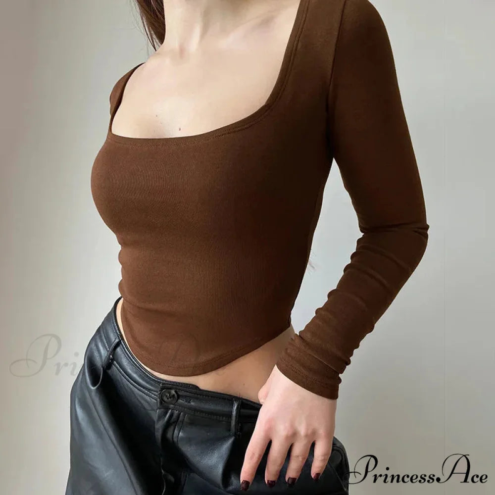 Square Neck Informal Extended Sleeve Jumper Brown / S swraters-241228