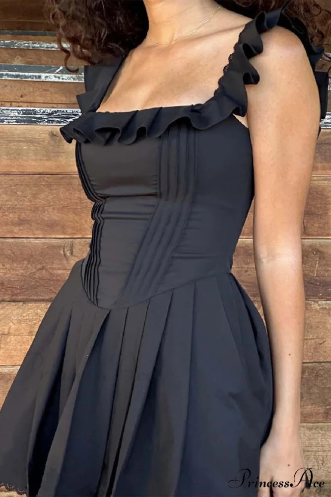 Square Neck Lace Mini Dress Black / L