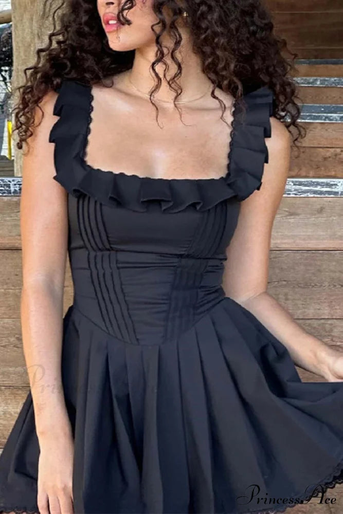 Square Neck Lace Mini Dress Black / M