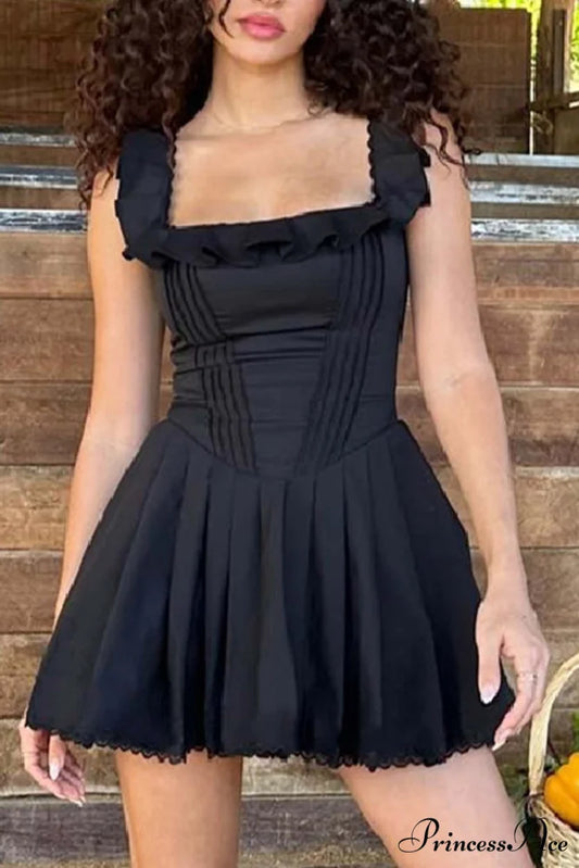 Square Neck Lace Mini Dress Black / S