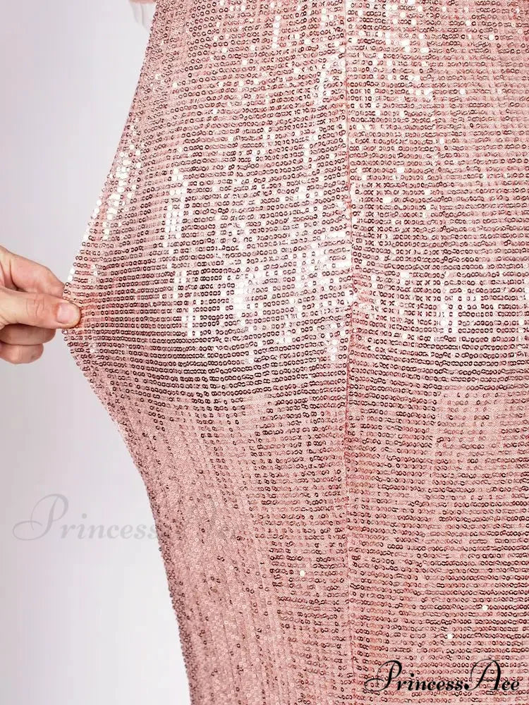 Square Neck Long Evening Mermaid Dress Sequined Floor Length Stretchy Christmas Party Dress