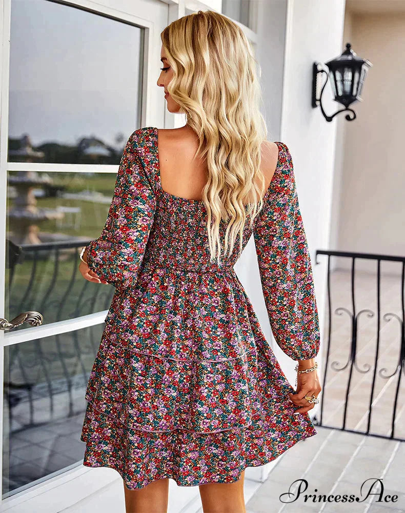 Square Neck Long Sleeve Printed Dress L / red