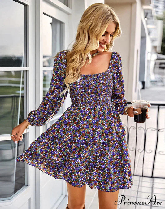 Square Neck Long Sleeve Printed Dress S / blue