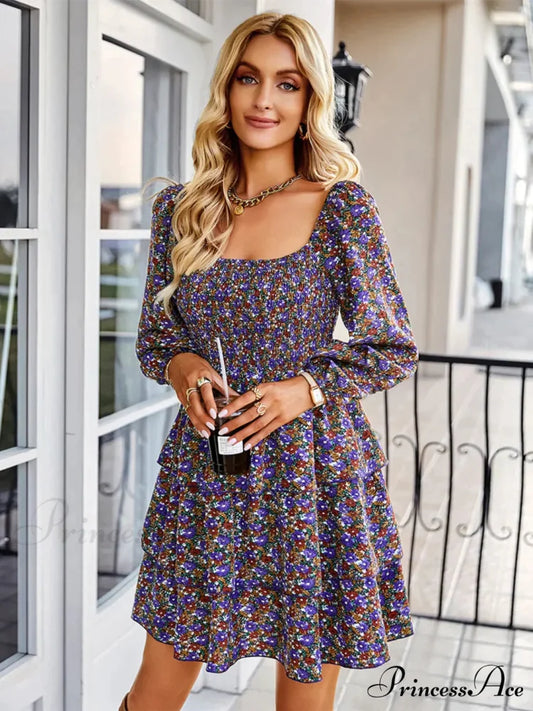 Square Neck Long Sleeve Printed Dress S / red