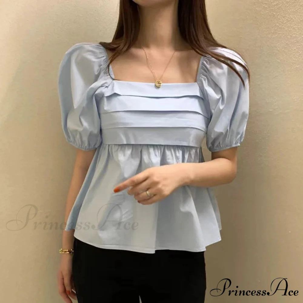 Square Neck Puff Sleeve Informal Pleated Ivory Blouse blouse-250126