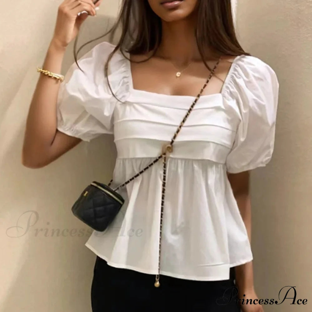 Square Neck Puff Sleeve Informal Pleated Ivory Blouse blouse-250126