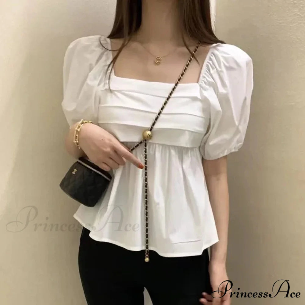 Square Neck Puff Sleeve Informal Pleated Ivory Blouse blouse-250126
