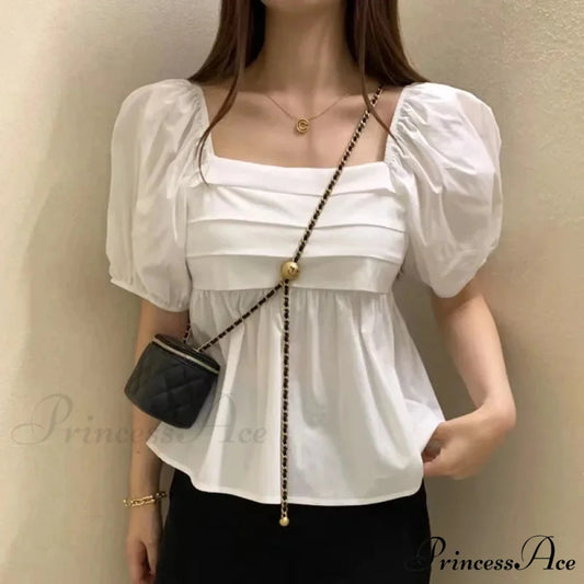 Square Neck Puff Sleeve Informal Pleated Ivory Blouse WHITE / S blouse-250126