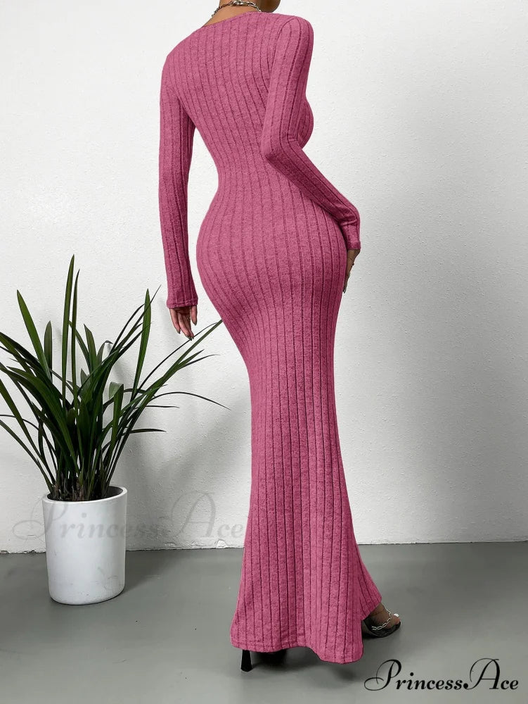 Square Neck Ribbed Knit Mermaid Hem Dress