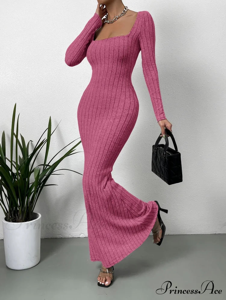 Square Neck Ribbed Knit Mermaid Hem Dress