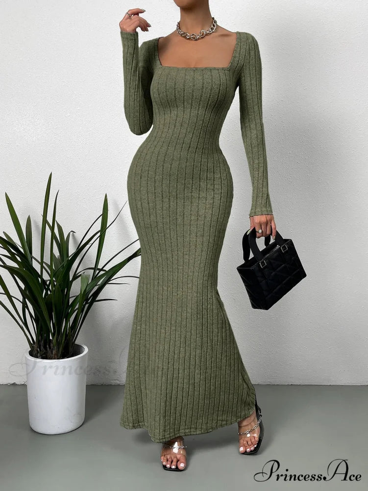 Square Neck Ribbed Knit Mermaid Hem Dress Army Green / XS