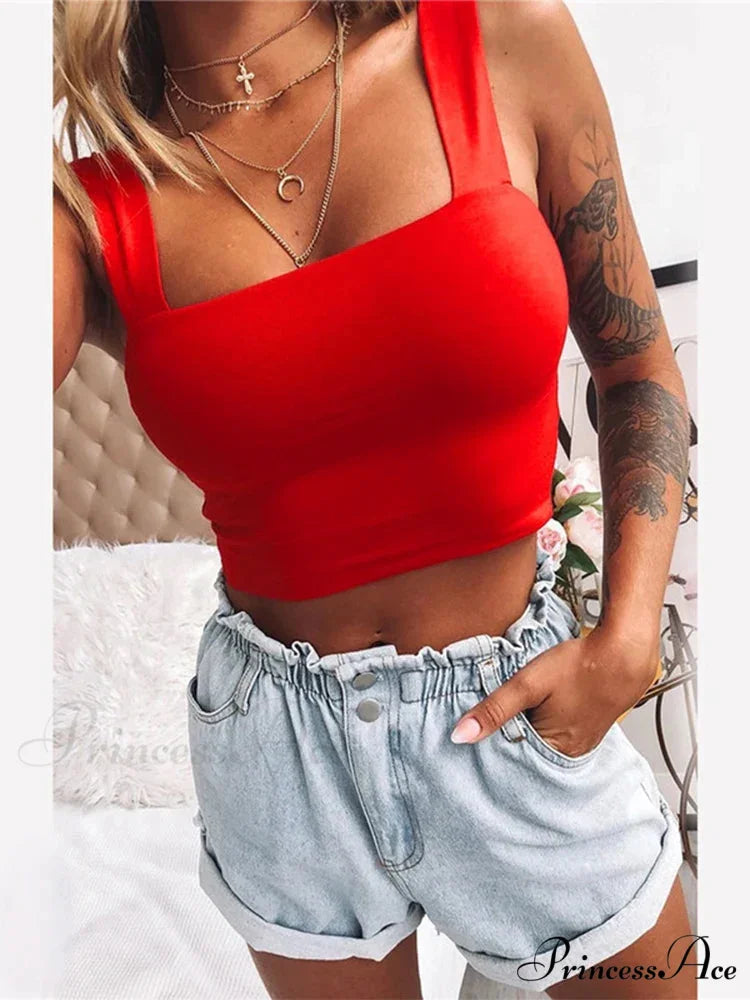 Square Neck Sleeveless Summer Crop Women Black Casual Basic T Shirt Off Shoulder Cami Sexy Backless Tank top