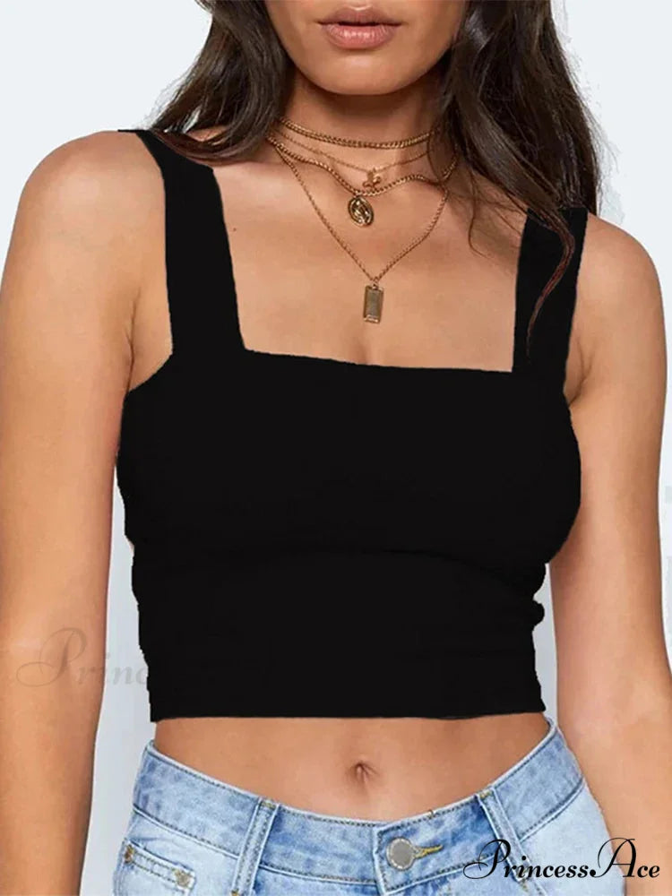 Square Neck Sleeveless Summer Crop Women Black Casual Basic T Shirt Off Shoulder Cami Sexy Backless Tank top