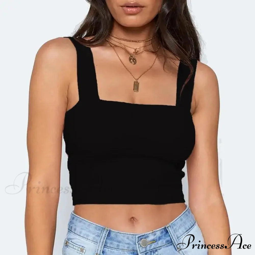 Square Neck Sleeveless Summer Crop Women Black Casual Basic T Shirt Off Shoulder Cami Sexy Backless Tank top Black / XS