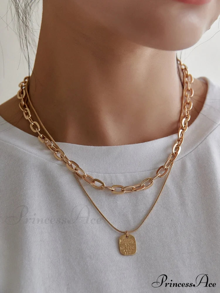 Square Pendant Layered Necklace Yellow Gold / one-size