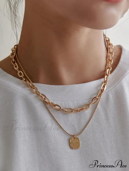Square Pendant Layered Necklace Yellow Gold / one-size