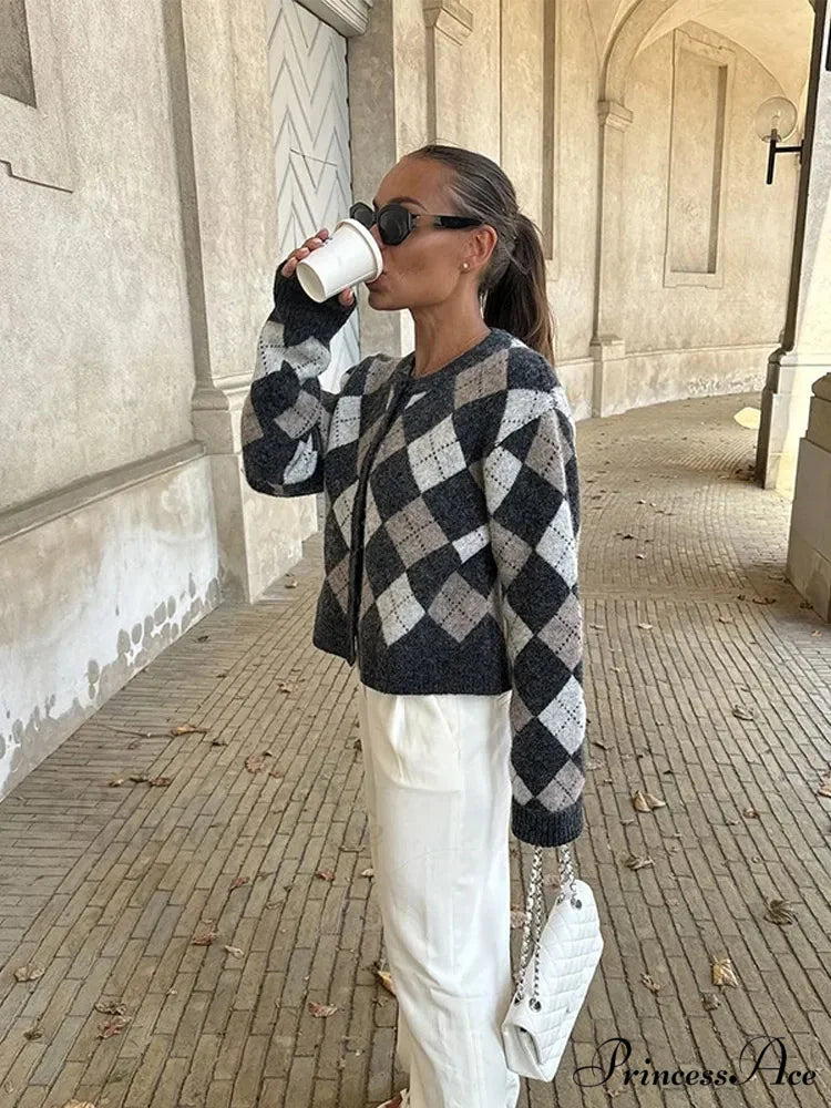 Square Printed Round-neck Long Sleeve Cardigan black / S cardigans-241228