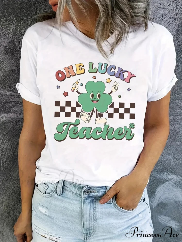 St. Patrick’s Day Clover Print - Women’s Round Neck Short Sleeve Top for Spring & Summer T-shirt