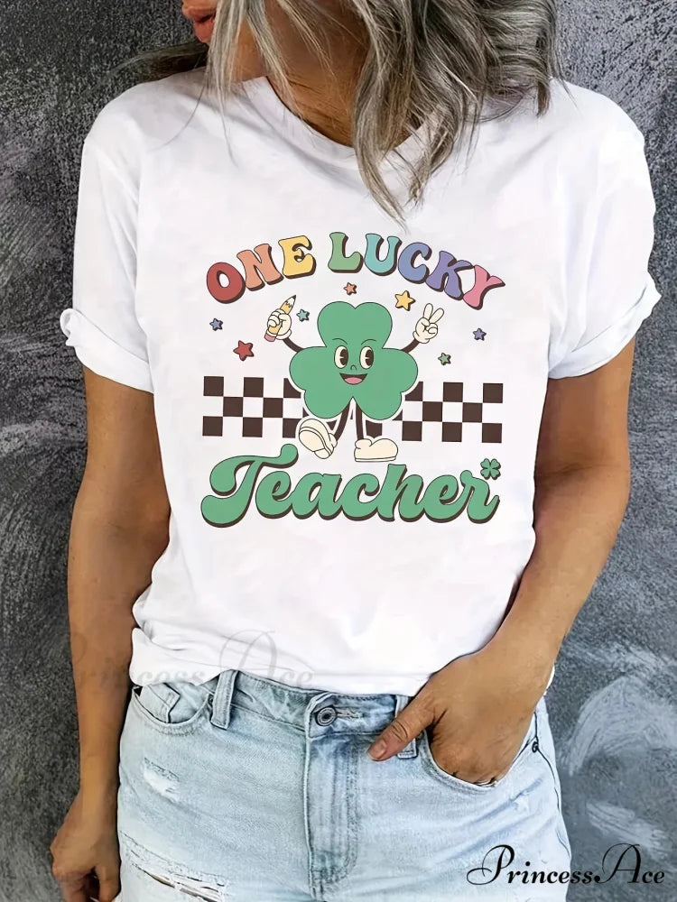 St. Patrick’s Day Clover Print - Women’s Round Neck Short Sleeve Top for Spring & Summer T-shirt WHITE / S