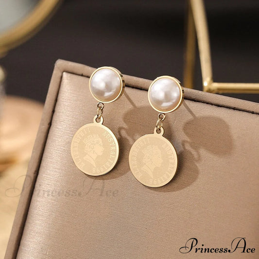 Stainless Steel Pearl Embossed Portrait Coin Pendant Earrings