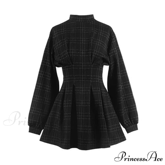 Stand Collar Long Sleeve Balck Plaid Pleat Ruched Mini Dress