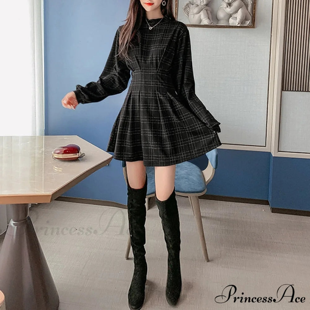 Stand Collar Long Sleeve Balck Plaid Pleat Ruched Mini Dress