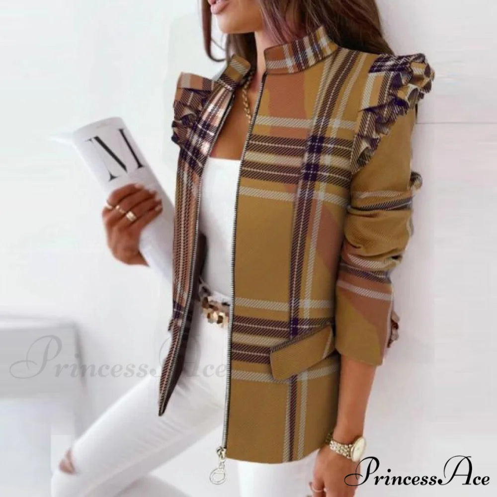 Stand Collar Office Lady Blazer Khaki / S