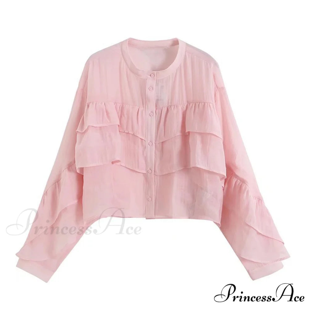 Stand Ruffle Button for Blouse Blouse Neckline Women Pink / XS