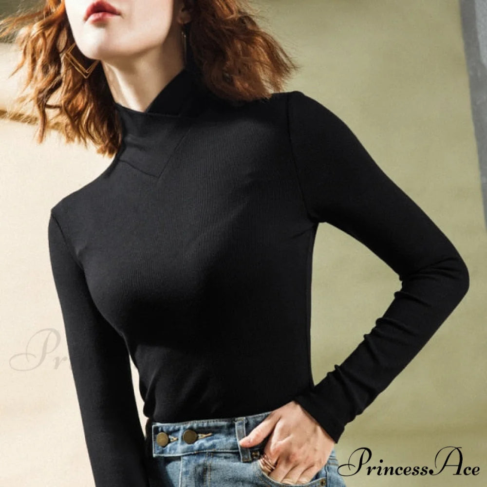 Stand-up Collar Long-sleeved Stretch T-shirt Black fleece / S