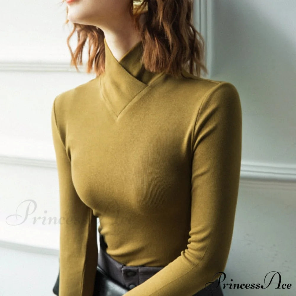 Stand-up Collar Long-sleeved Stretch T-shirt Brown green fleece / S