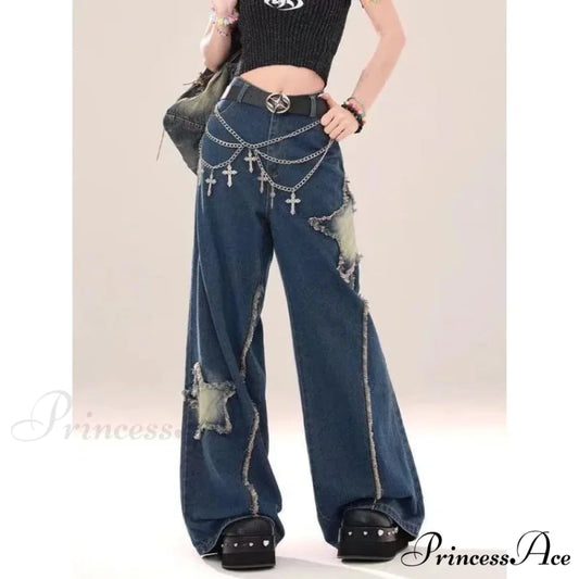 Star Loose Denim Broad Leg Trousers pants-241228
