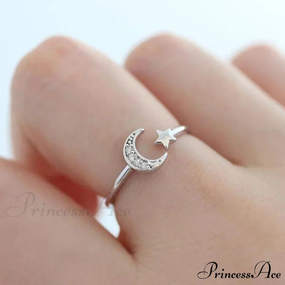 Star Moon Adjustable Couple Ring resizable / Silver