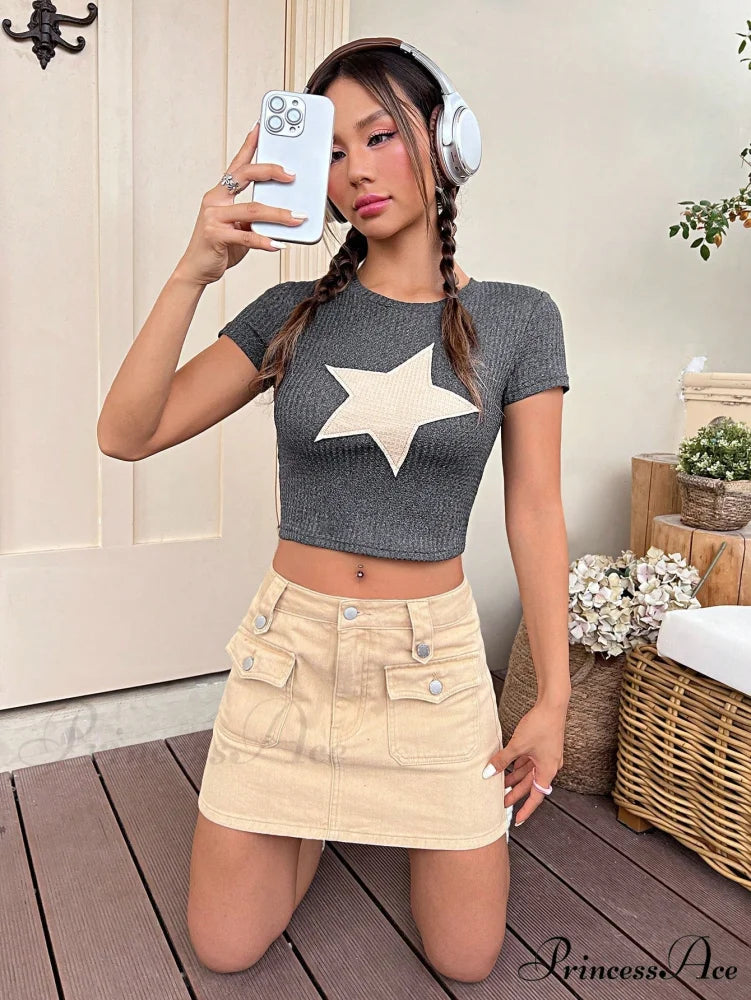Star Patched Crop Tee Dark Grey / XS