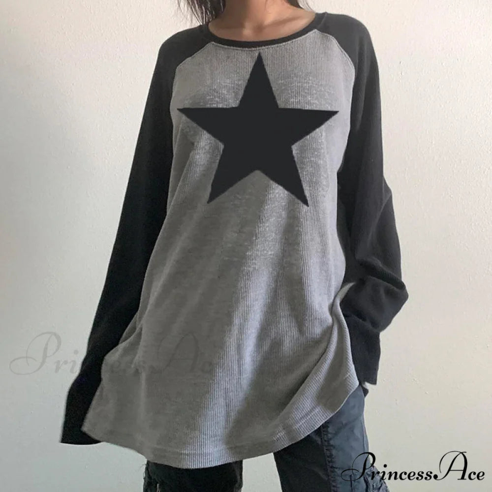Star Print Oversized T-shirts Grey / S