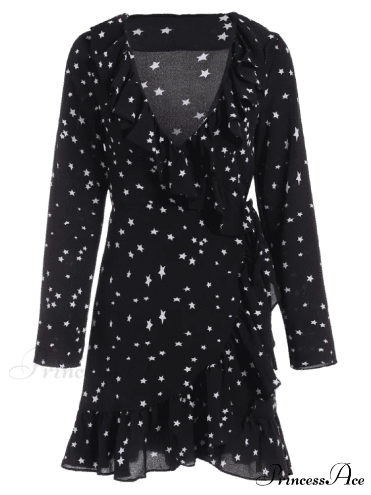Star Print Ruffle Hem Plunge Wrap Dress
