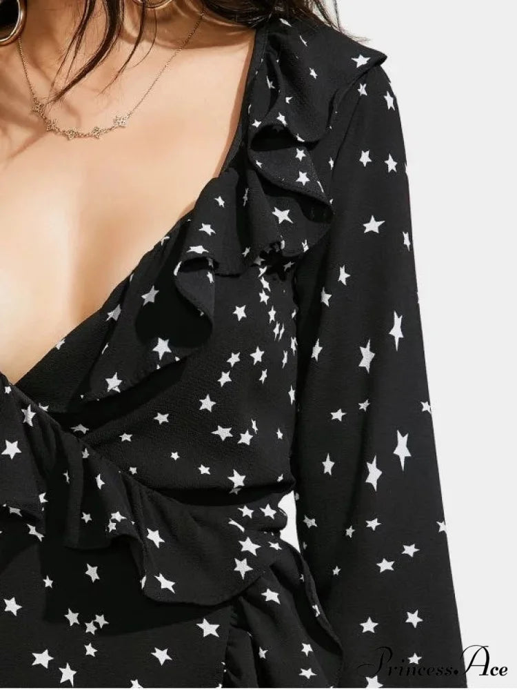 Star Print Ruffle Hem Plunge Wrap Dress