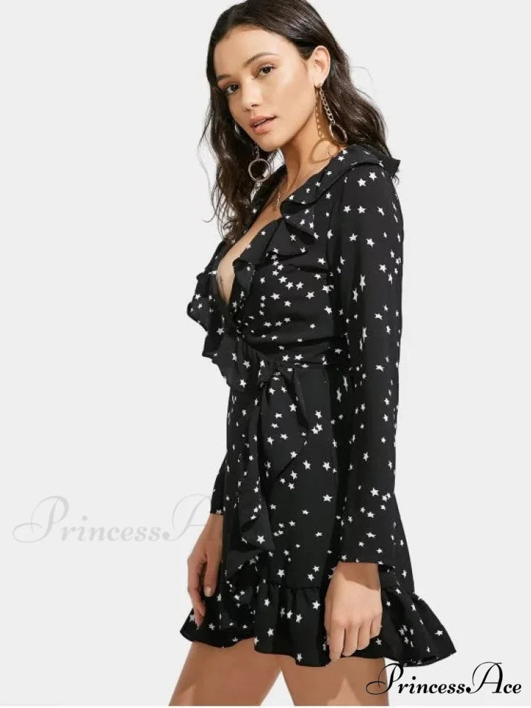 Star Print Ruffle Hem Plunge Wrap Dress