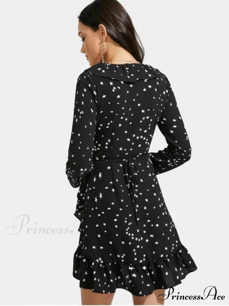 Star Print Ruffle Hem Plunge Wrap Dress
