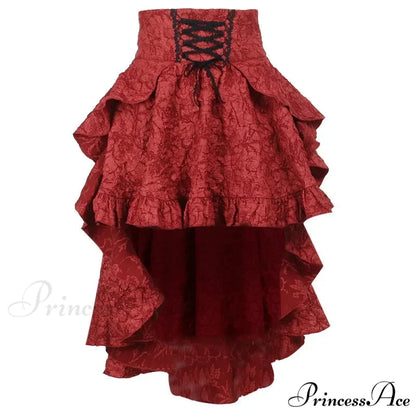 SteamWomen Gothic Irregular Shirring Pleated Party Maxi Long High Low Costumes Sexy Corset Skirt RED / S