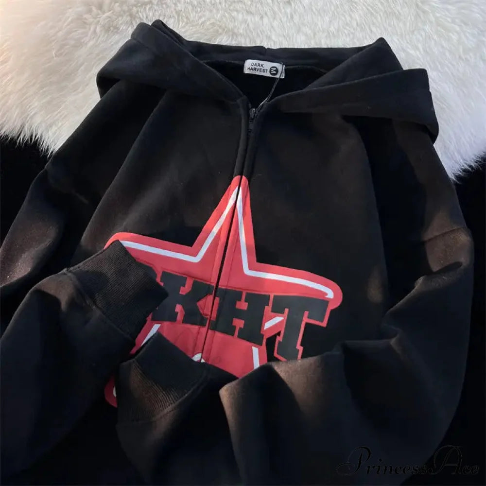 Stellar Print Vintage Zipper Hoodie black / M hoodies-241228