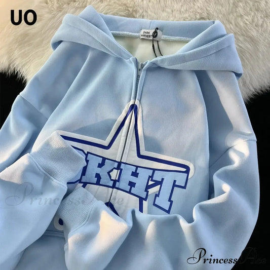 Stellar Print Vintage Zipper Hoodie blue / M hoodies-241228