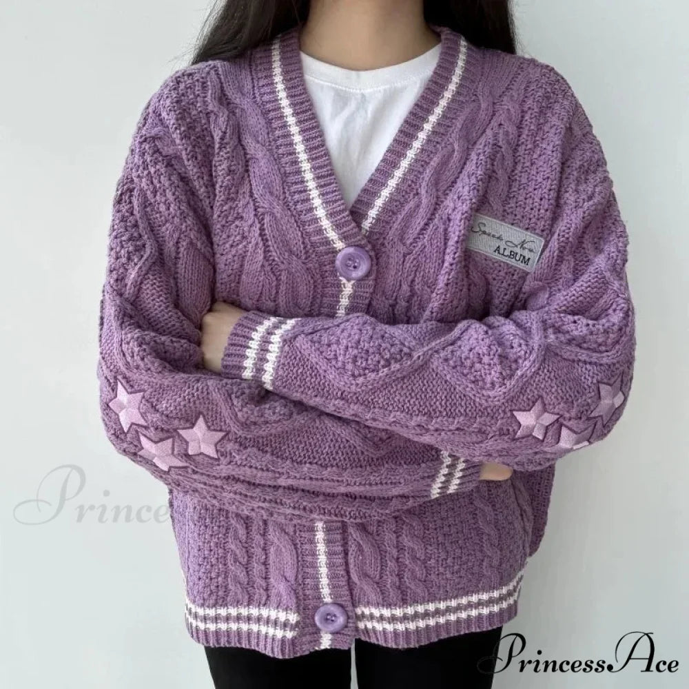 Stellar Stitched V-neck Cardigan Purple / S cardigans-241228