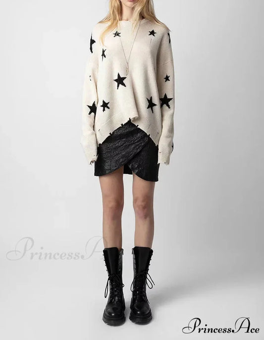 Stellar Torn Cashmere Knit Pullover Informal Extended Sleeve Knit Top knittop-250126