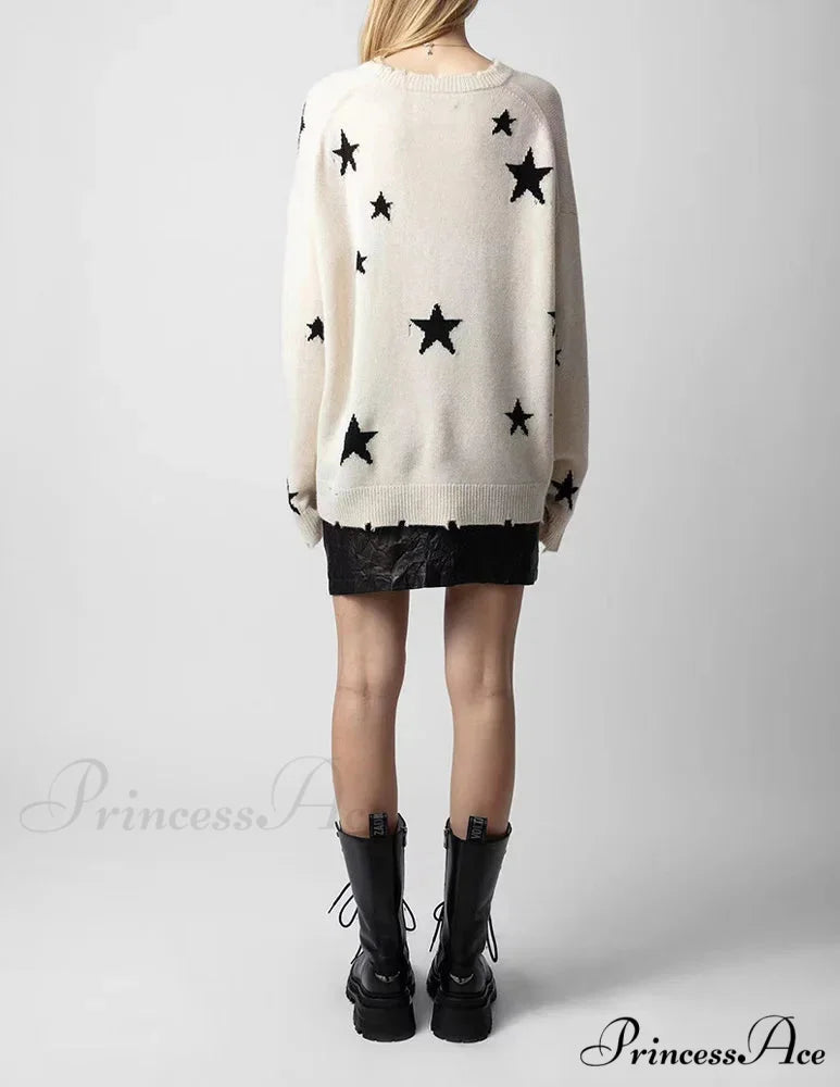 Stellar Torn Cashmere Knit Pullover Informal Extended Sleeve Knit Top knittop-250126