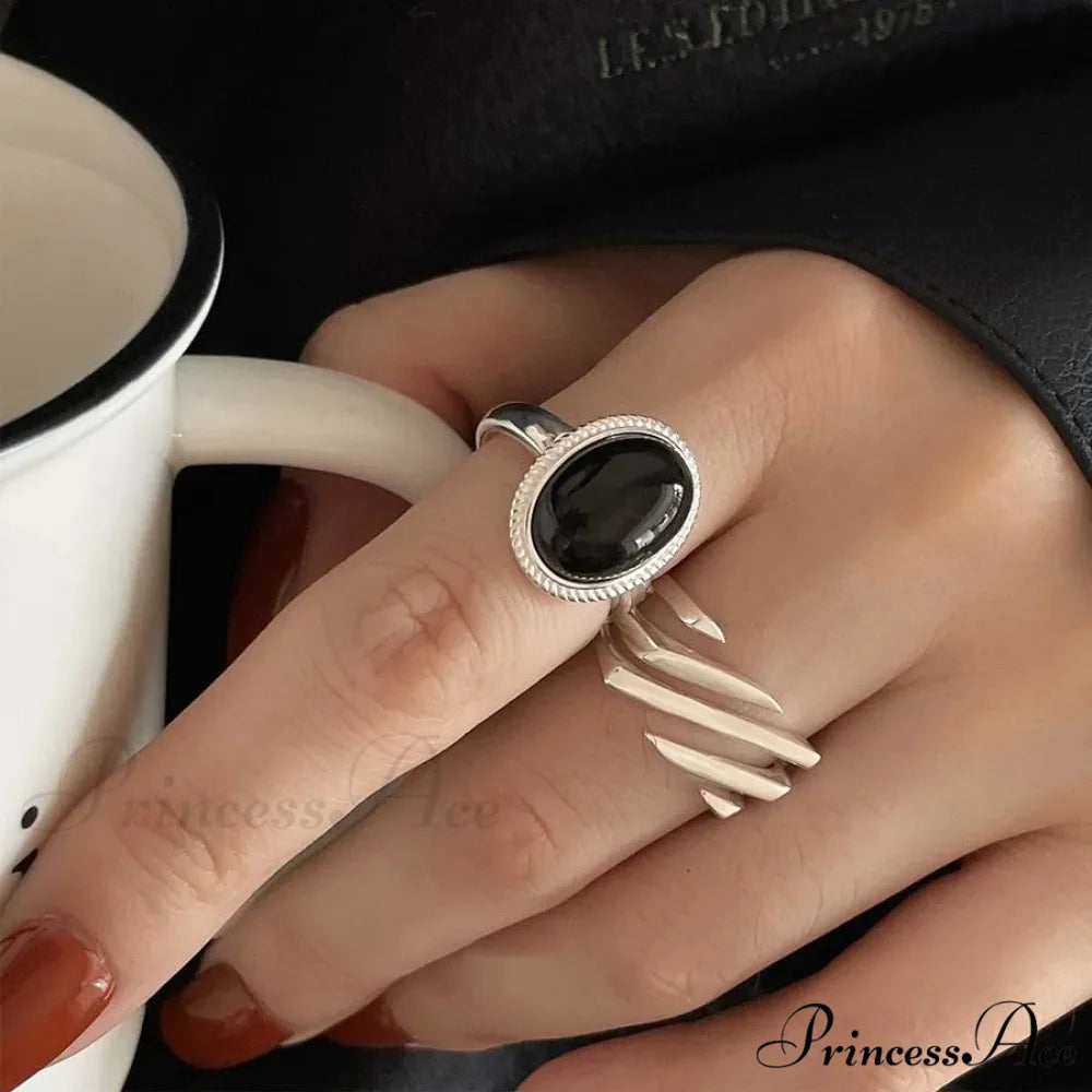 Sterling Geometric Black Rings Adjustable Couple Necklace