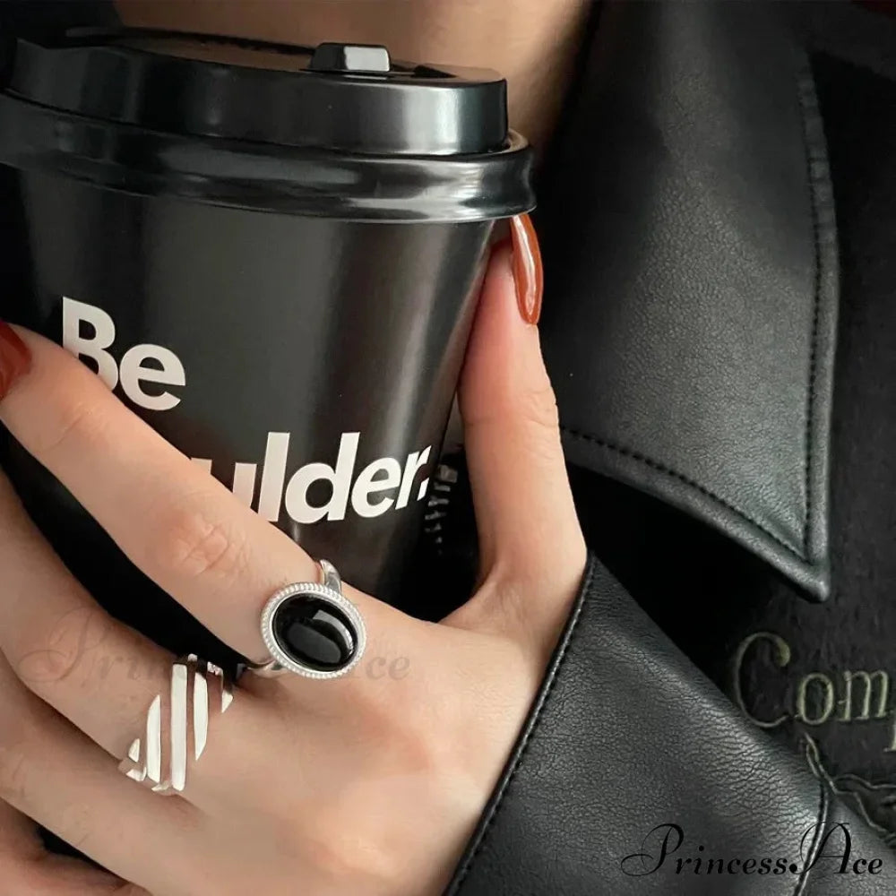 Sterling Geometric Black Rings Adjustable Couple Necklace