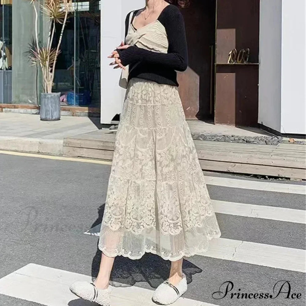 Stitched Blossom Lace Elevated Waist Bohemian Skirt skirt-250126