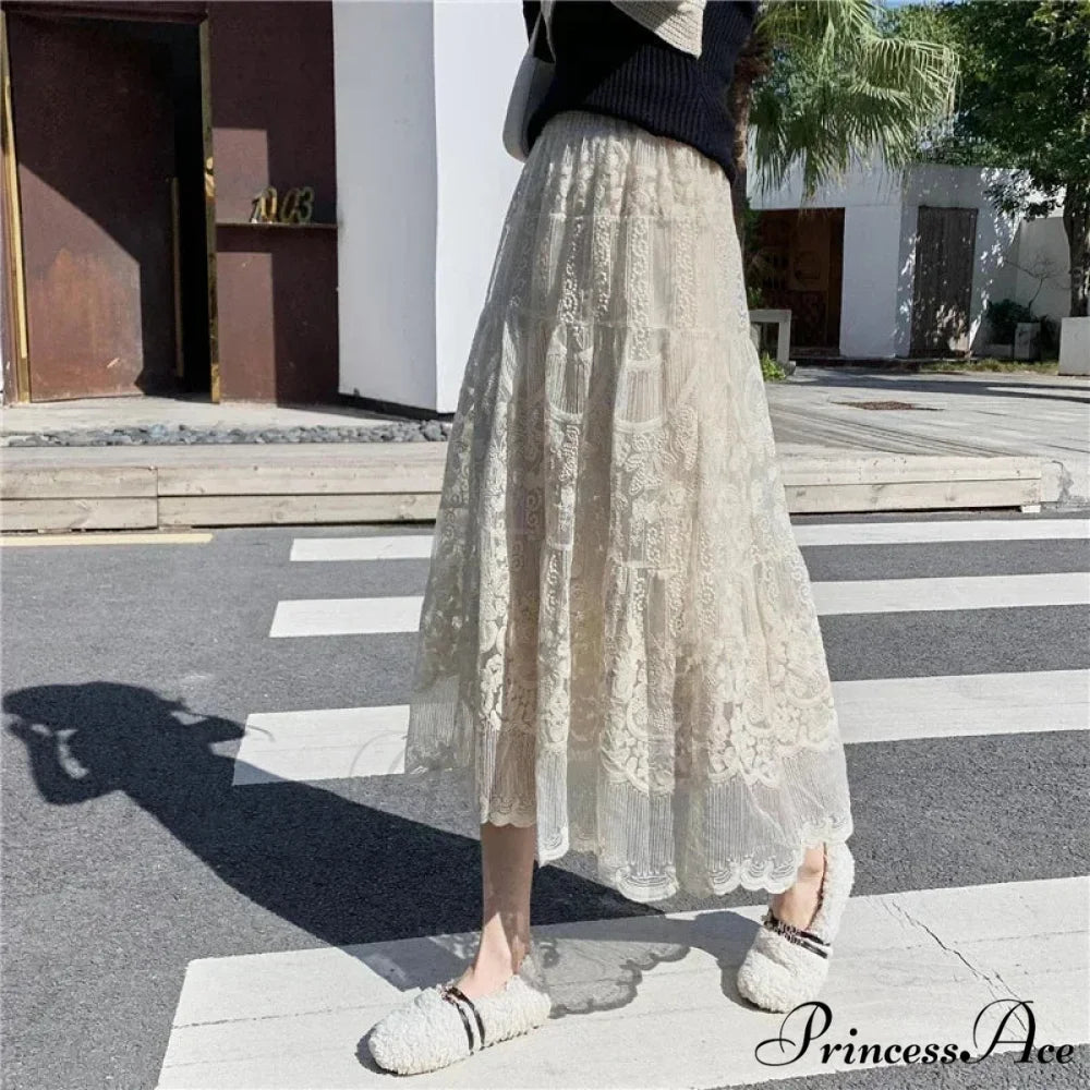 Stitched Blossom Lace Elevated Waist Bohemian Skirt skirt-250126